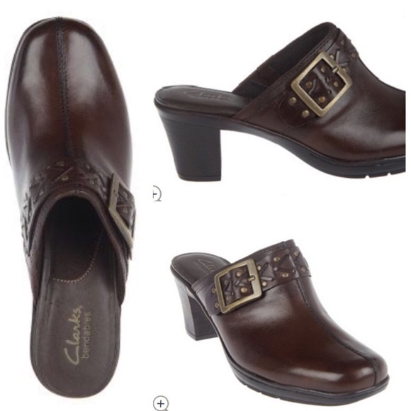 Sz 11 M Clarks Bendables leather block heel Mules Clogs - Picture 5 of 16